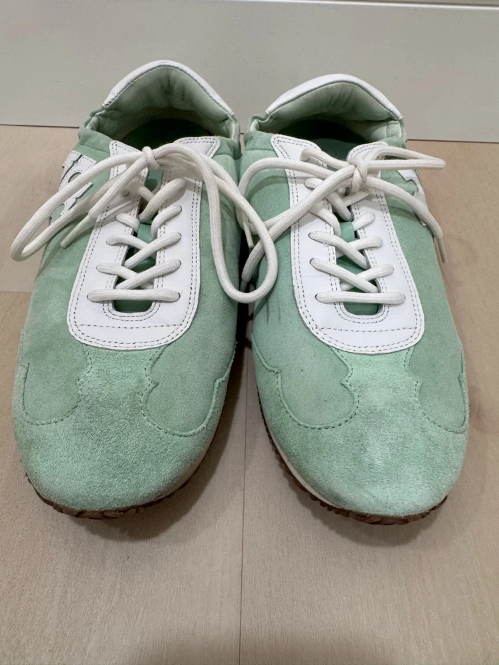 Tory Burch Mint Green White Suede Leather Logo Sneakers Women's 9.5